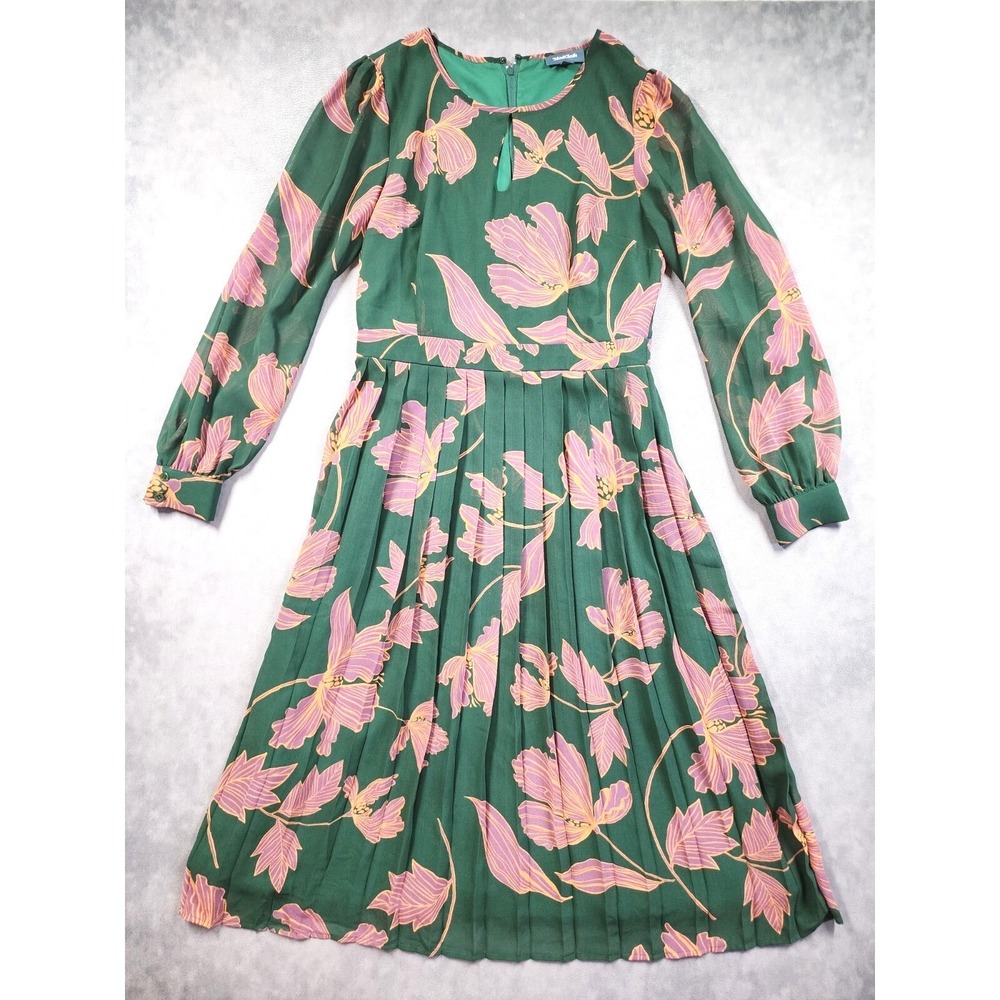 ModCloth Dress Womens 8 Green Pink Floral Pleated Long Sleeve Keyhole Midi